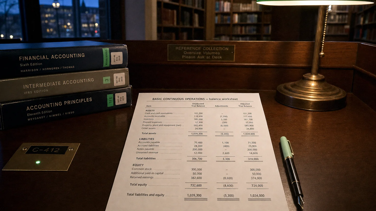 Accounting worksheet showing basic continuous operations line items with neat column totals and a fountain pen.