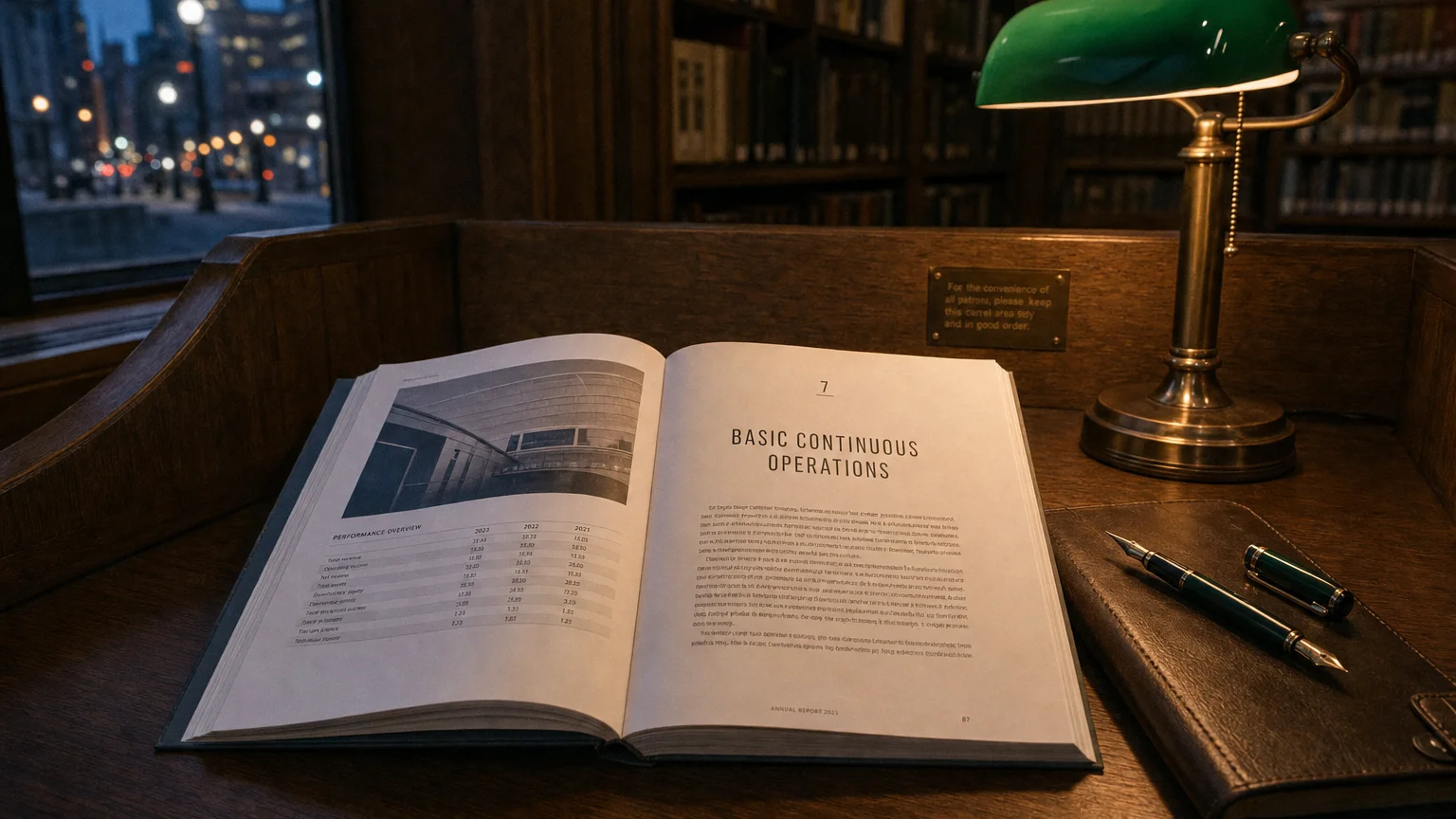 Corporate ledger or annual-report booklet open to the basic continuous operations chapter on a wooden desk.