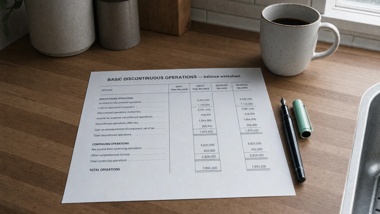 Accounting worksheet showing basic discontinuous operations line items with neat column totals and a fountain pen.