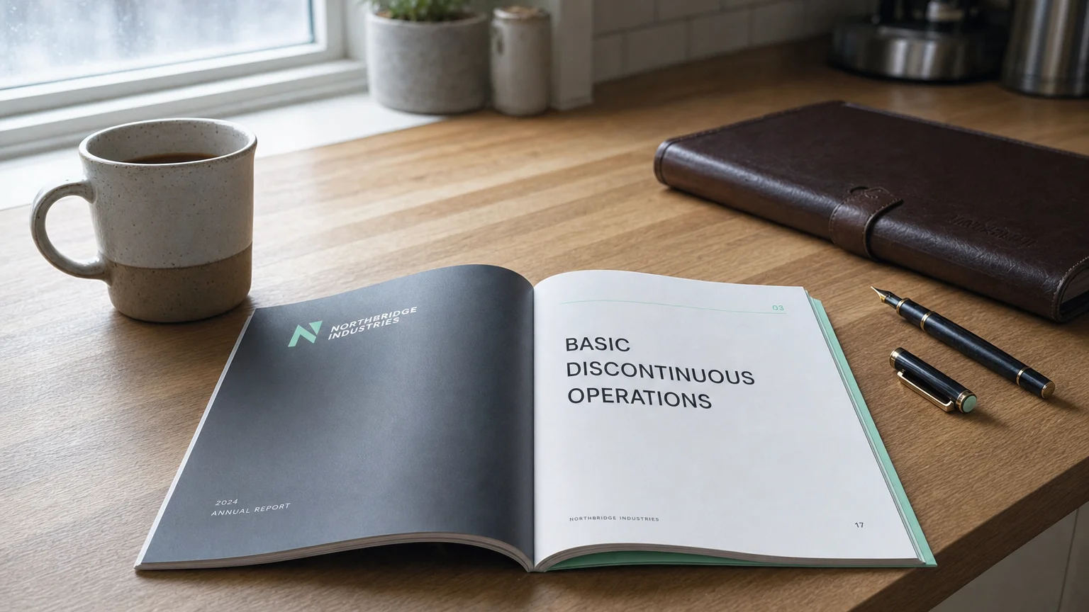 Corporate ledger or annual-report booklet open to the basic discontinuous operations chapter on a wooden desk.