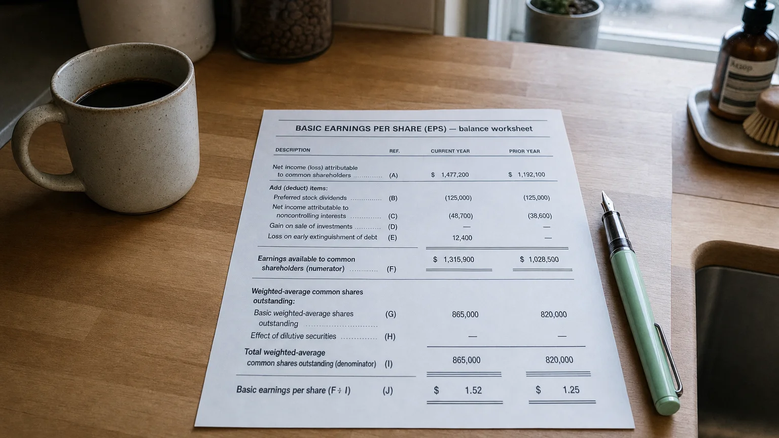Accounting worksheet showing basic earnings per share (eps) line items with neat column totals and a fountain pen.