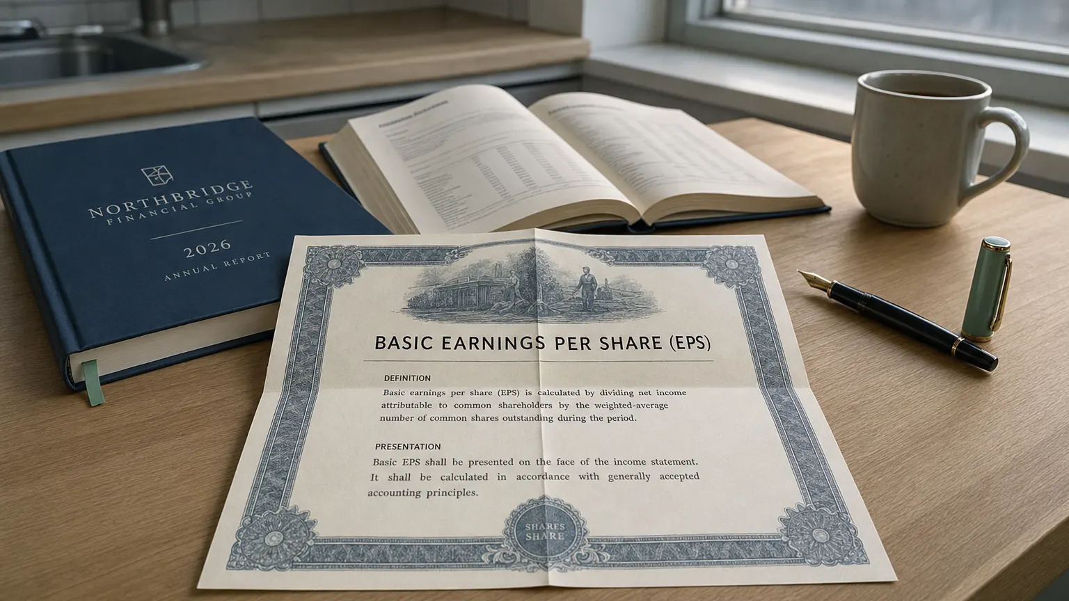 Corporate ledger or annual-report booklet open to the basic earnings per share (eps) chapter on a wooden desk.