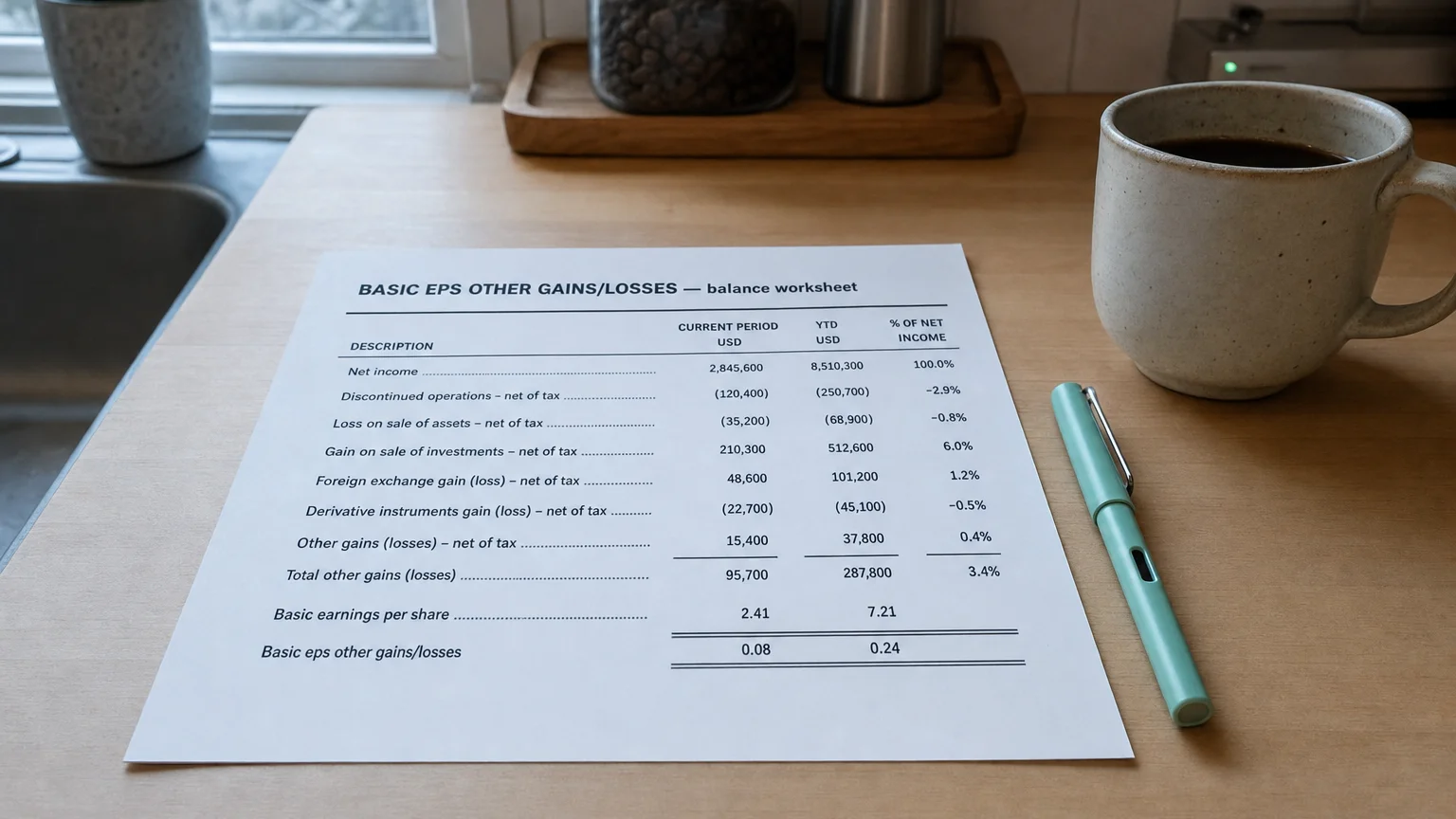 Accounting worksheet showing basic eps other gains/losses line items with neat column totals and a fountain pen.