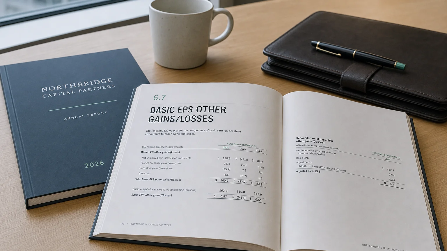 Corporate ledger or annual-report booklet open to the basic eps other gains/losses chapter on a wooden desk.
