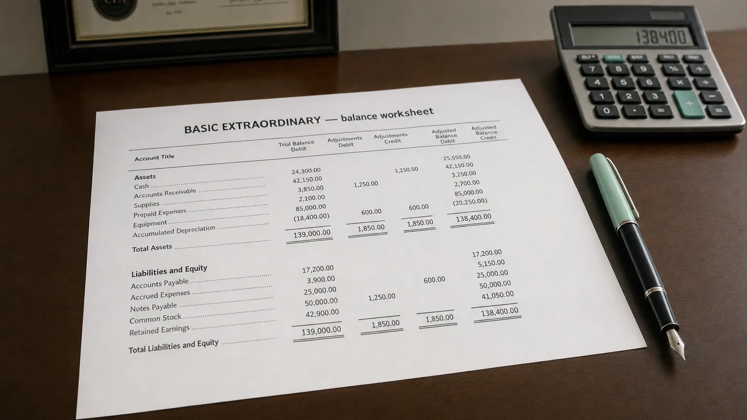 Accounting worksheet showing basic extraordinary line items with neat column totals and a fountain pen.