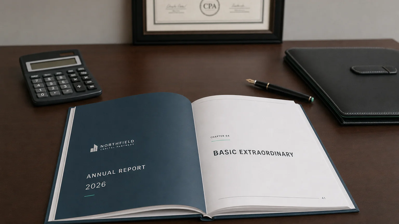 Corporate ledger or annual-report booklet open to the basic extraordinary chapter on a wooden desk.
