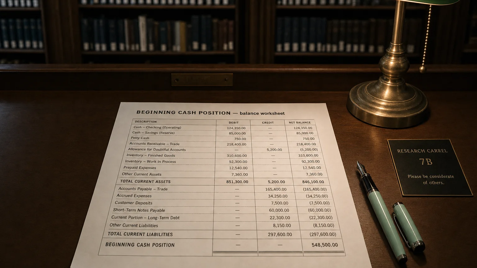 Accounting worksheet showing beginning cash position line items with neat column totals and a fountain pen.