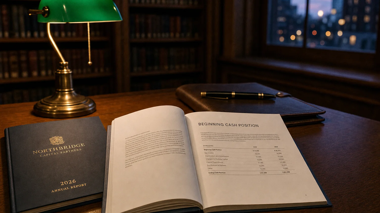 Corporate ledger or annual-report booklet open to the beginning cash position chapter on a wooden desk.