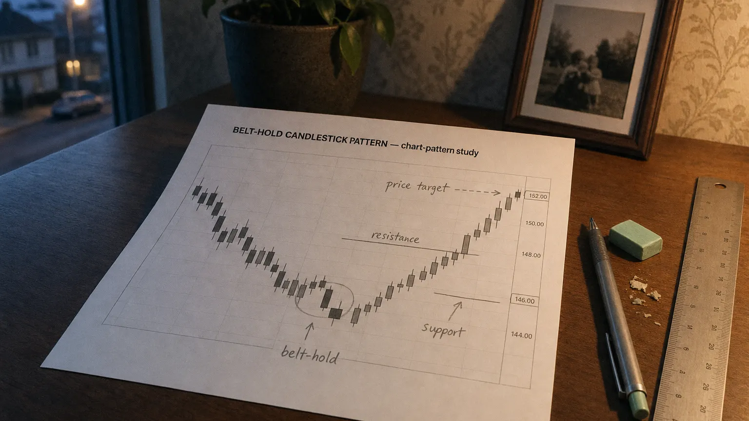 Printed candlestick chart annotated with hand-drawn belt-hold candlestick pattern pattern markers on an analyst desk.