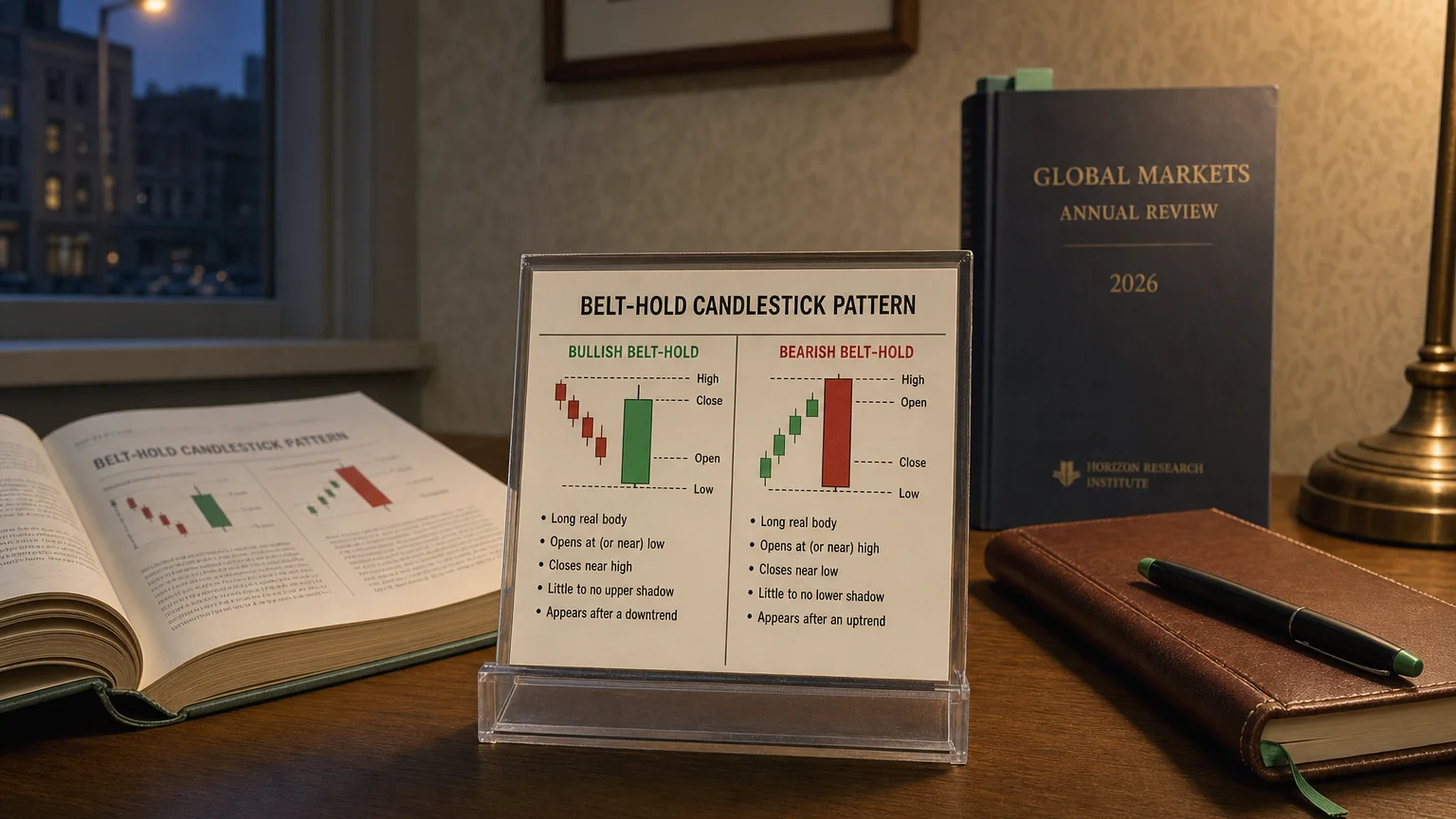 Trading-desk artifact representing belt-hold candlestick pattern — textbook page and bull-or-bear desk sculpture.