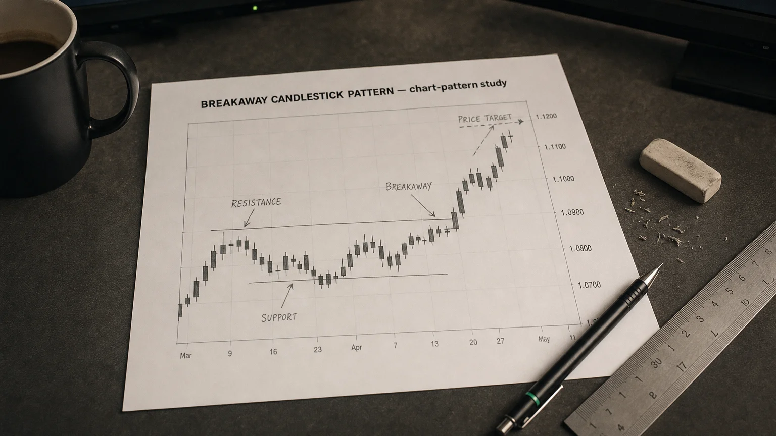 Printed candlestick chart annotated with hand-drawn breakaway candlestick pattern pattern markers on an analyst desk.