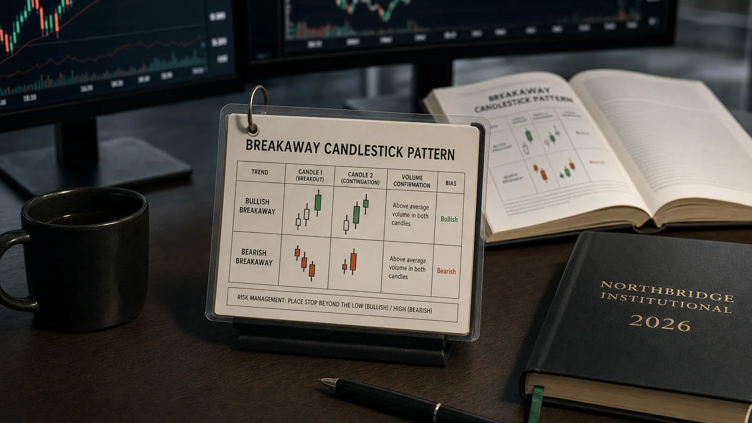 Trading-desk artifact representing breakaway candlestick pattern — textbook page and bull-or-bear desk sculpture.