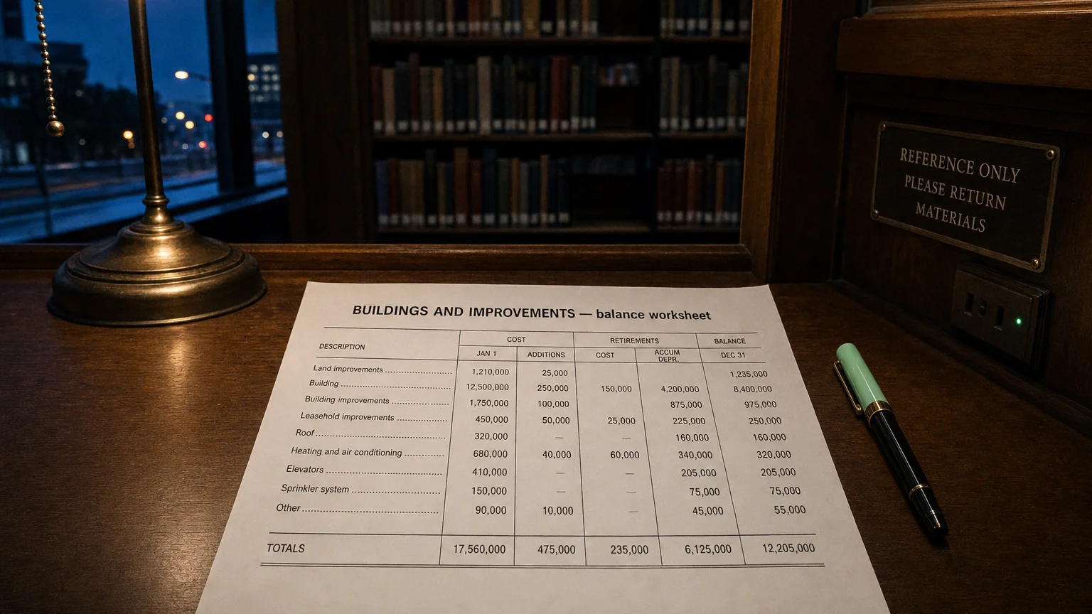 Accounting worksheet showing buildings and improvements line items with neat column totals and a fountain pen.
