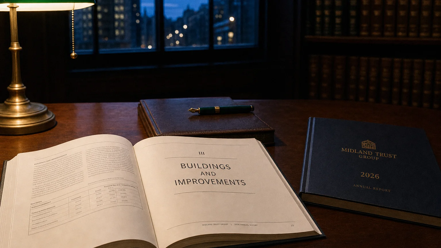 Corporate ledger or annual-report booklet open to the buildings and improvements chapter on a wooden desk.