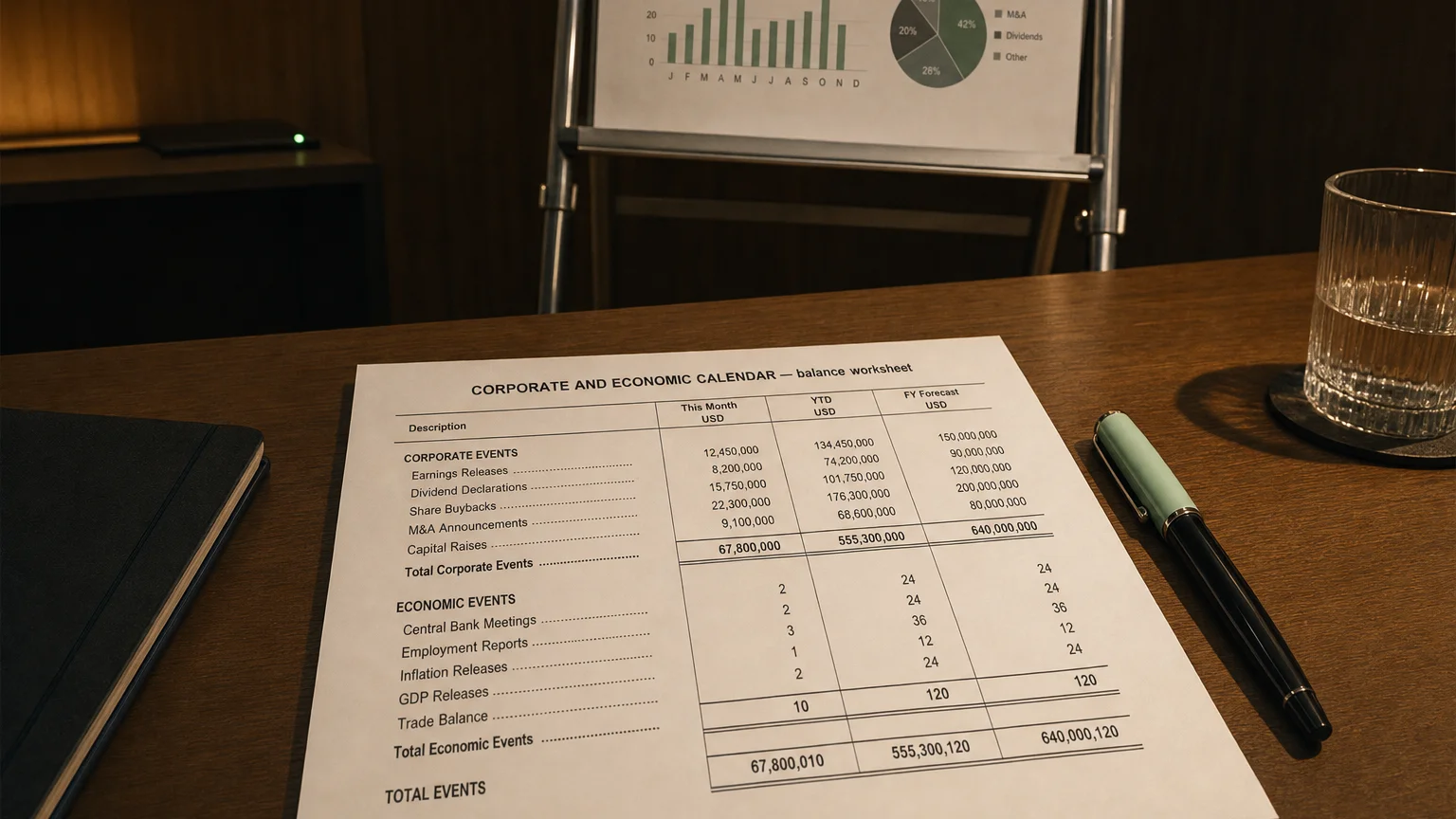 Accounting worksheet showing corporate and economic calendar line items with neat column totals and a fountain pen.