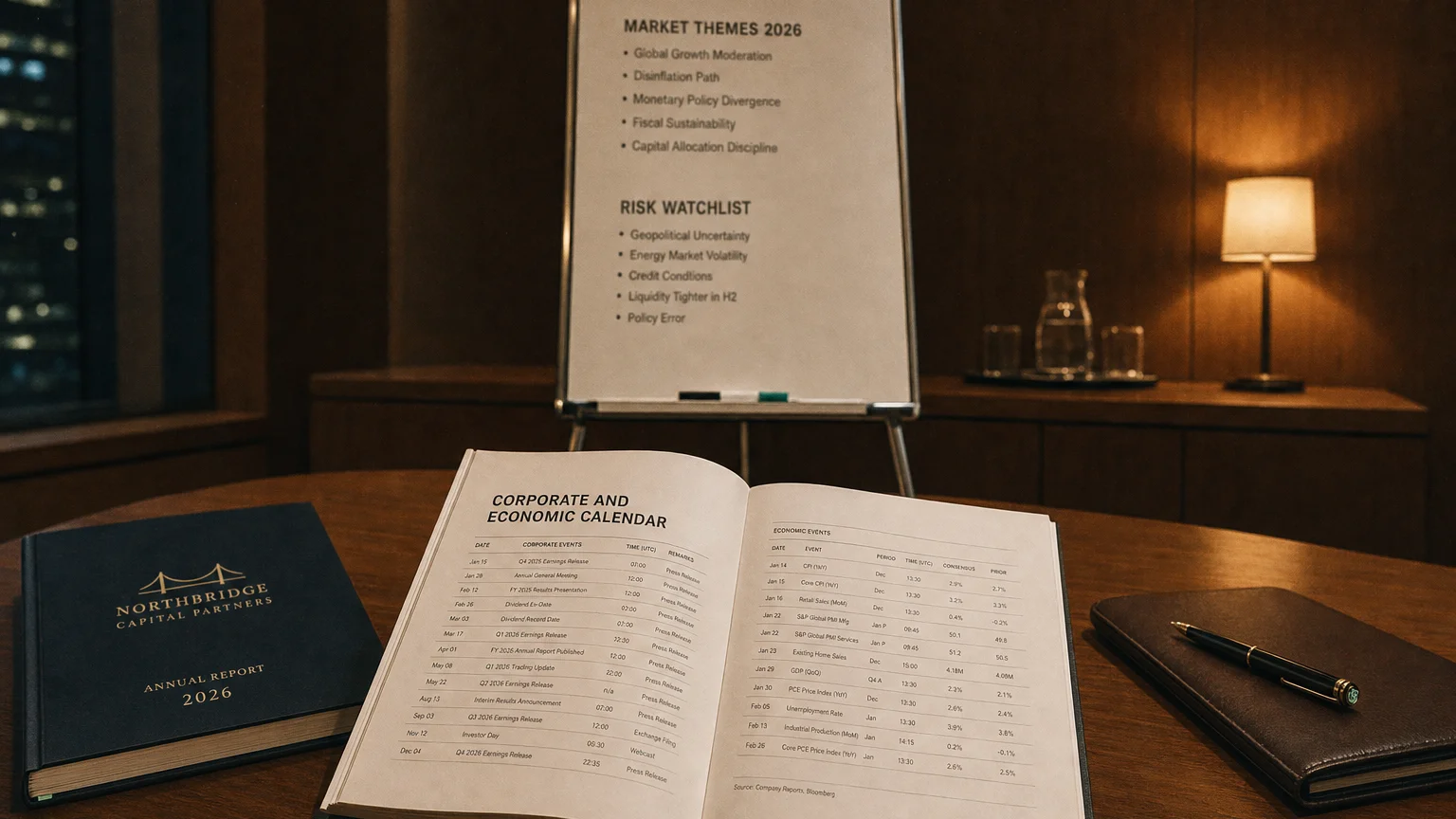 Corporate ledger or annual-report booklet open to the corporate and economic calendar chapter on a wooden desk.