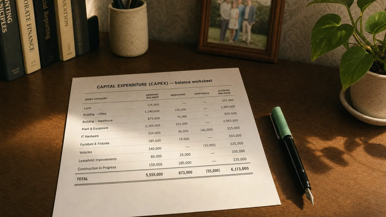 Accounting worksheet showing capital expenditure (capex) line items with neat column totals and a fountain pen.