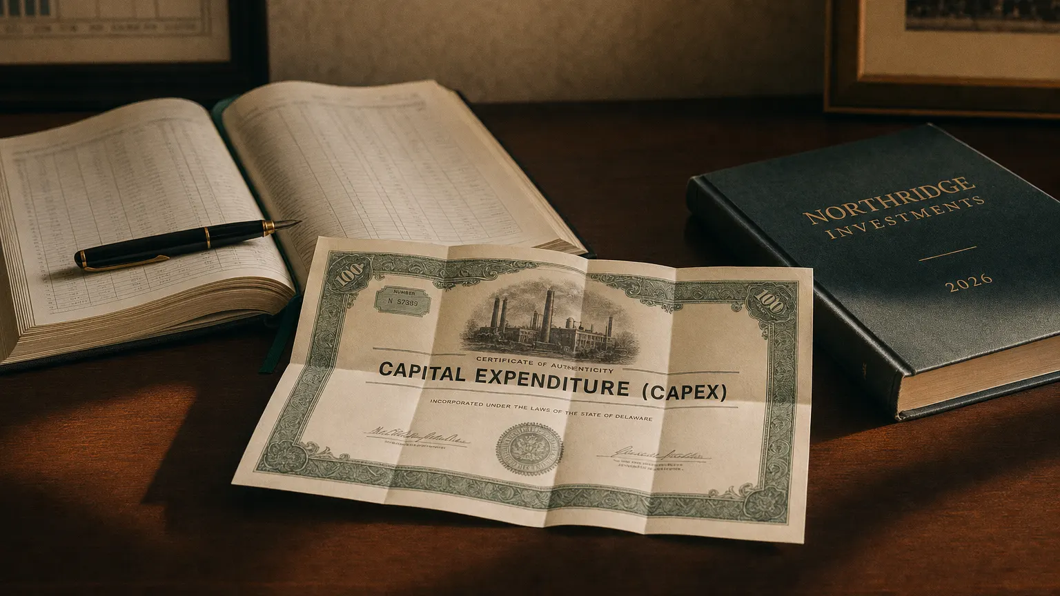 Corporate ledger or annual-report booklet open to the capital expenditure (capex) chapter on a wooden desk.