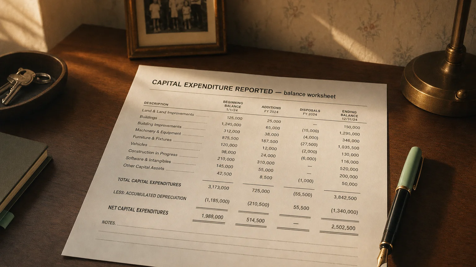 Accounting worksheet showing capital expenditure reported line items with neat column totals and a fountain pen.