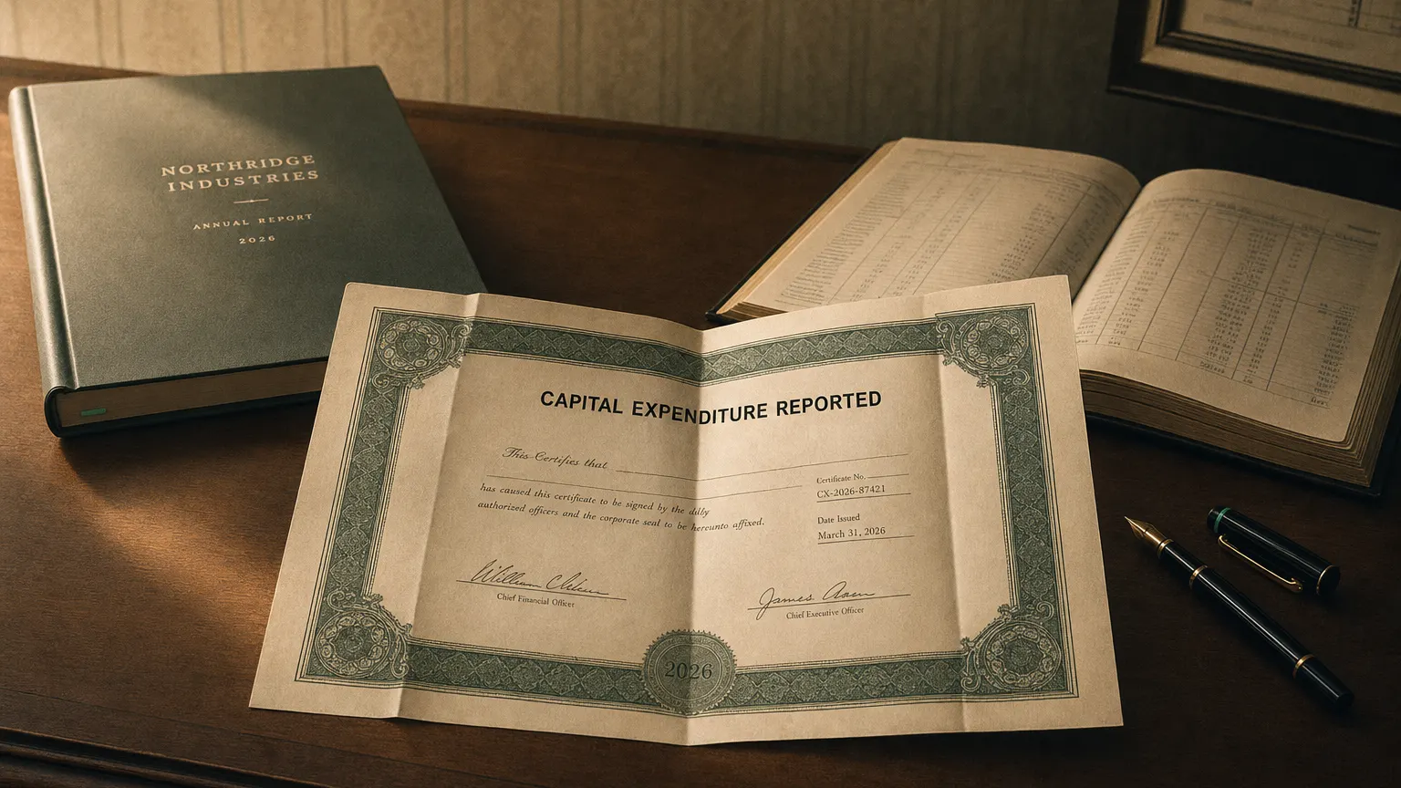 Corporate ledger or annual-report booklet open to the capital expenditure reported chapter on a wooden desk.