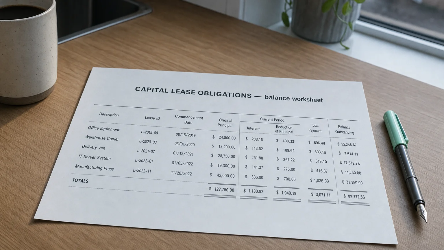 Accounting worksheet showing capital lease obligations line items with neat column totals and a fountain pen.