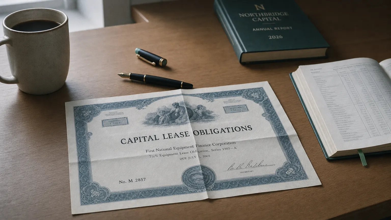 Corporate ledger or annual-report booklet open to the capital lease obligations chapter on a wooden desk.