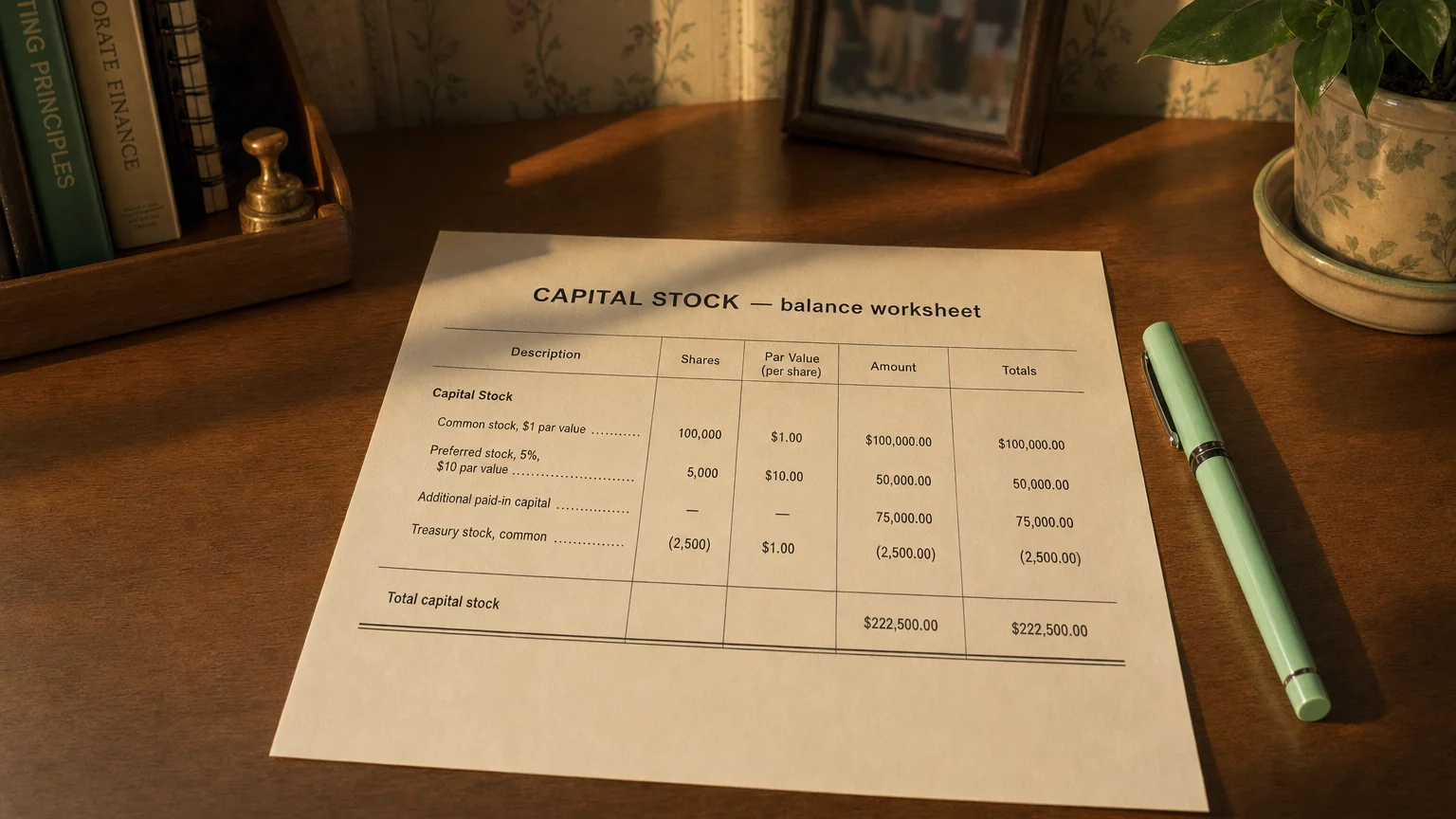 Accounting worksheet showing capital stock line items with neat column totals and a fountain pen.