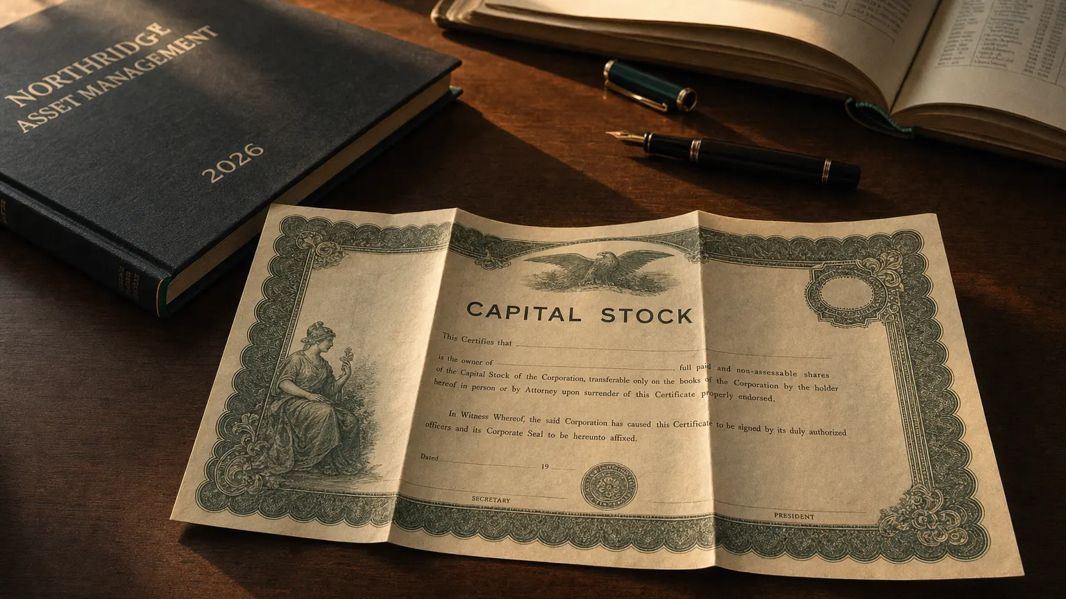 Corporate ledger or annual-report booklet open to the capital stock chapter on a wooden desk.
