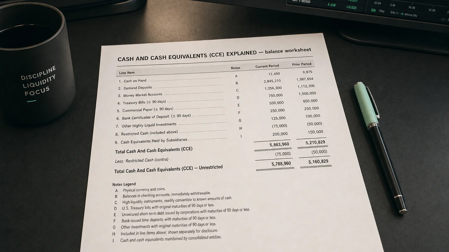 Accounting worksheet showing cash and cash equivalents (cce) line items with neat column totals and a fountain pen.