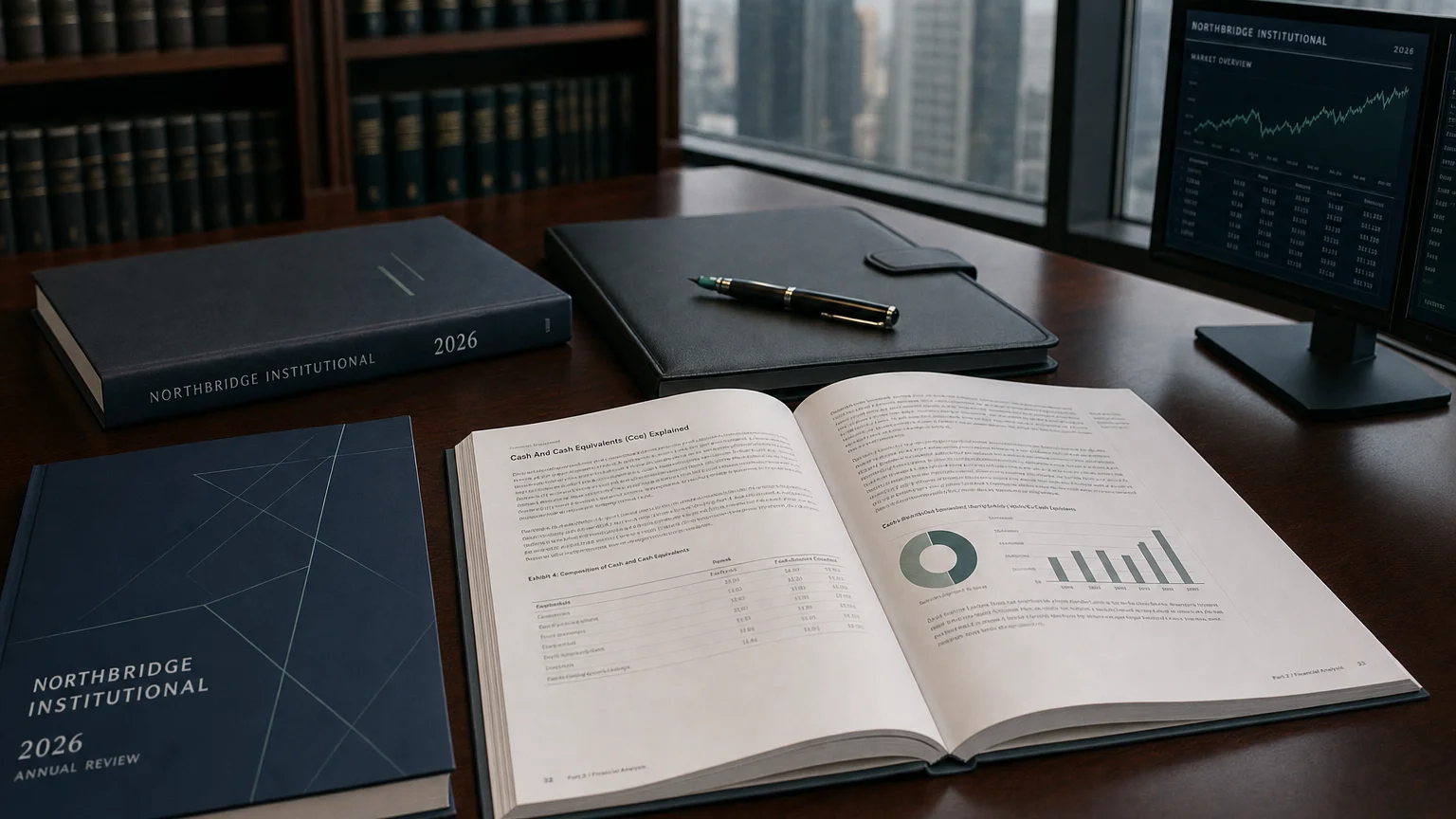 Corporate ledger or annual-report booklet open to the cash and cash equivalents (cce) chapter on a wooden desk.