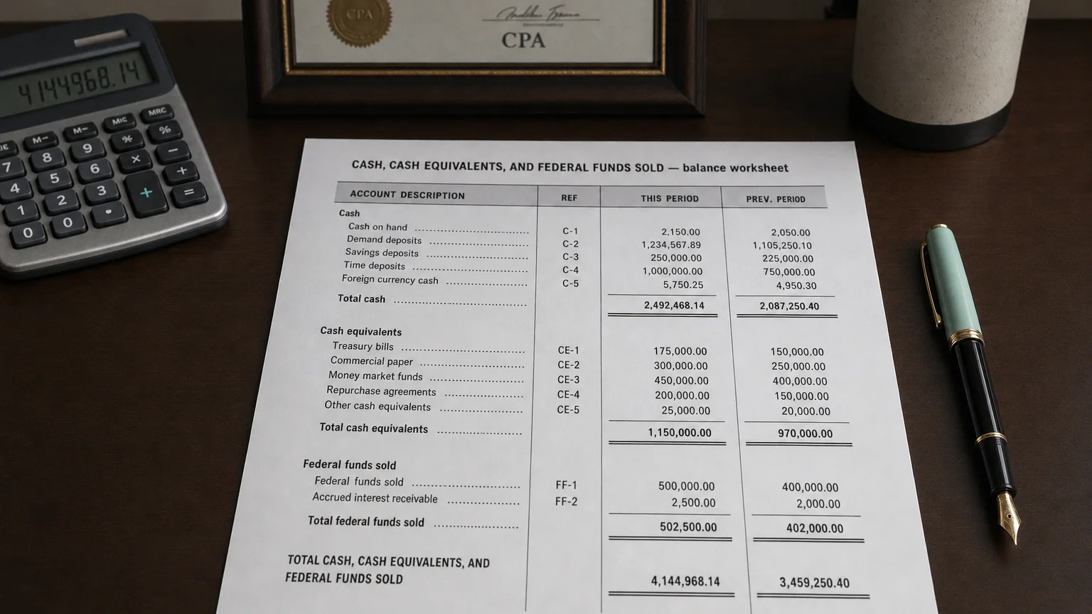 Accounting worksheet showing cash, cash equivalents, and federal funds sold line items with neat column totals and a fountain pen.