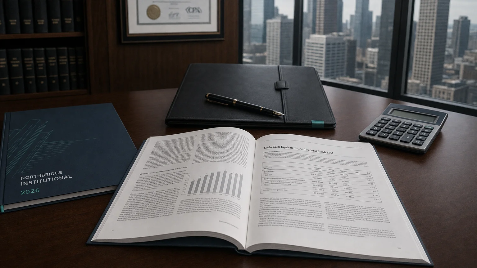 Corporate ledger or annual-report booklet open to the cash, cash equivalents, and federal funds sold chapter on a wooden desk.
