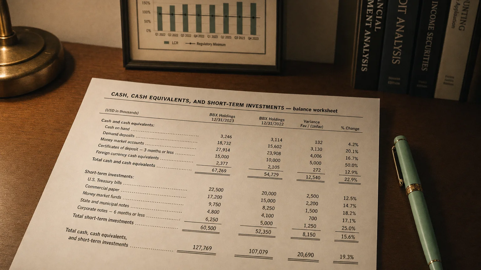 Accounting worksheet showing cash, cash equivalents, and short-term investments line items with neat column totals and a fountain pen.