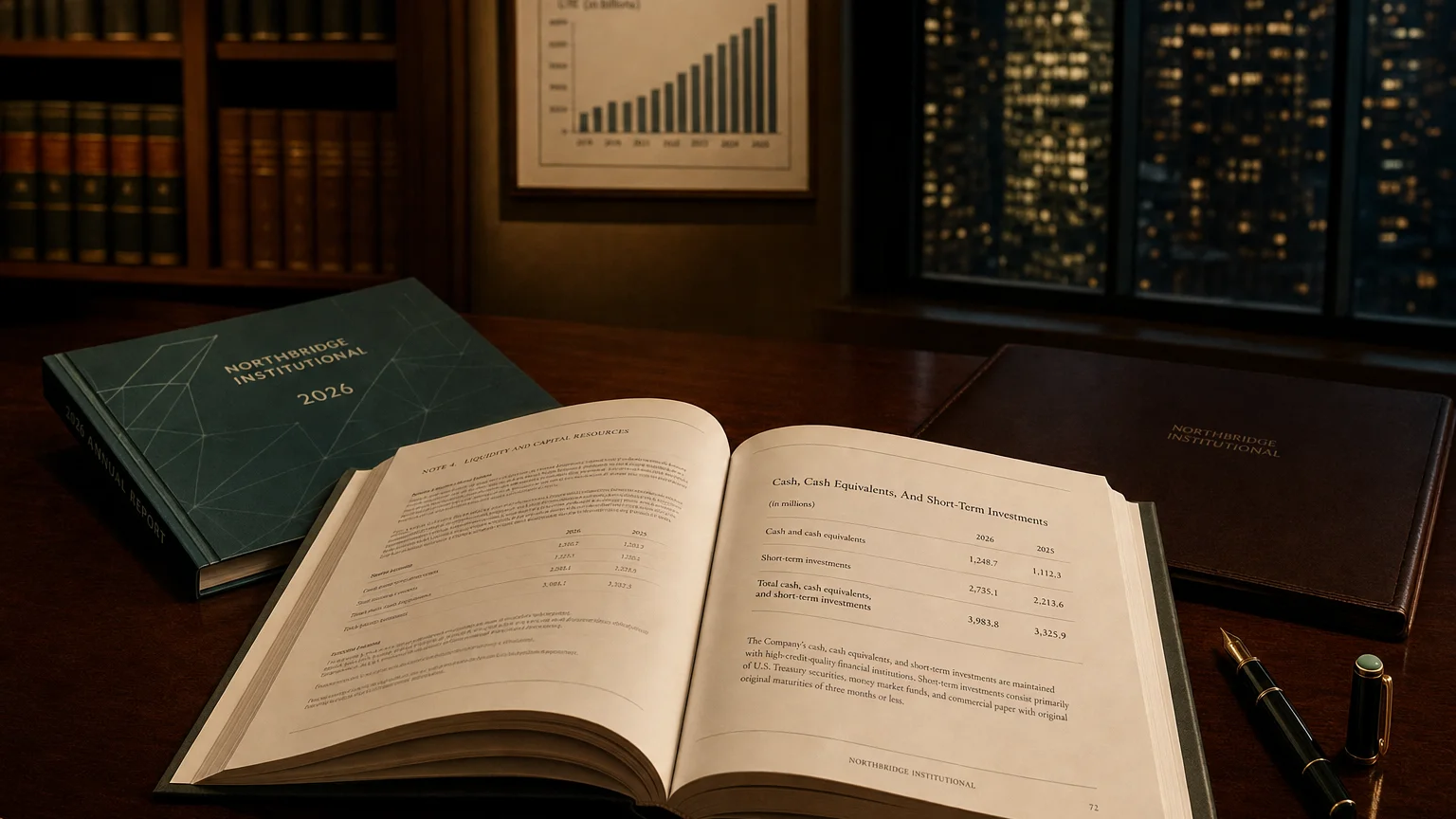 Corporate ledger or annual-report booklet open to the cash, cash equivalents, and short-term investments chapter on a wooden desk.