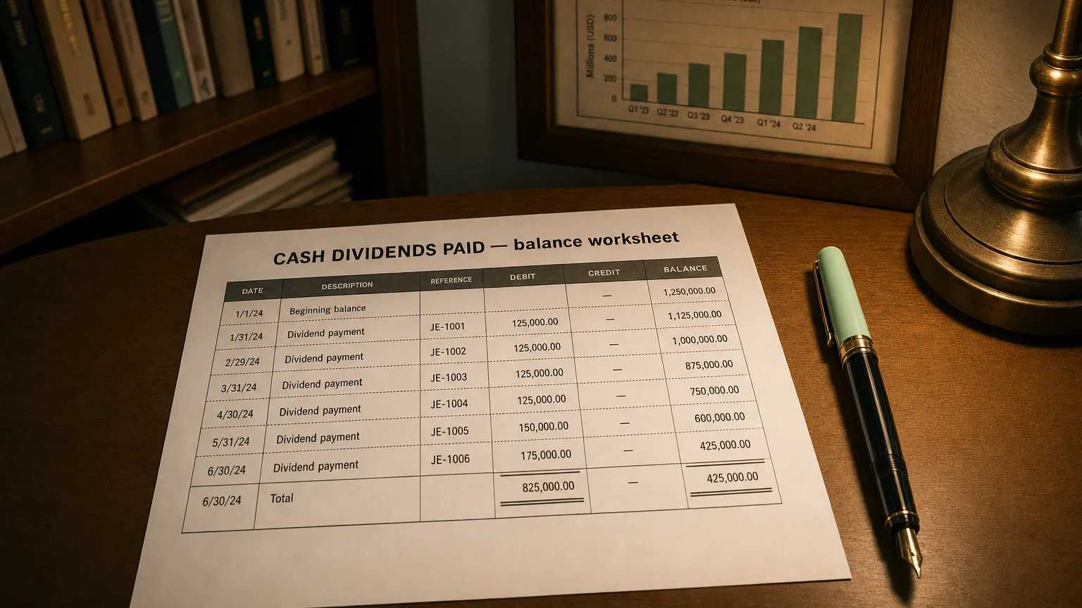 Accounting worksheet showing cash dividends paid line items with neat column totals and a fountain pen.