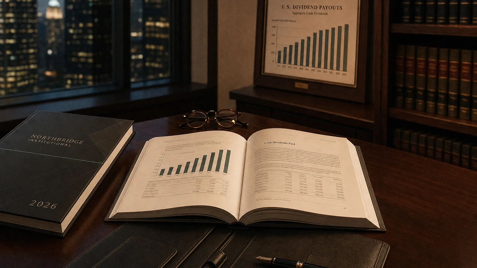 Corporate ledger or annual-report booklet open to the cash dividends paid chapter on a wooden desk.