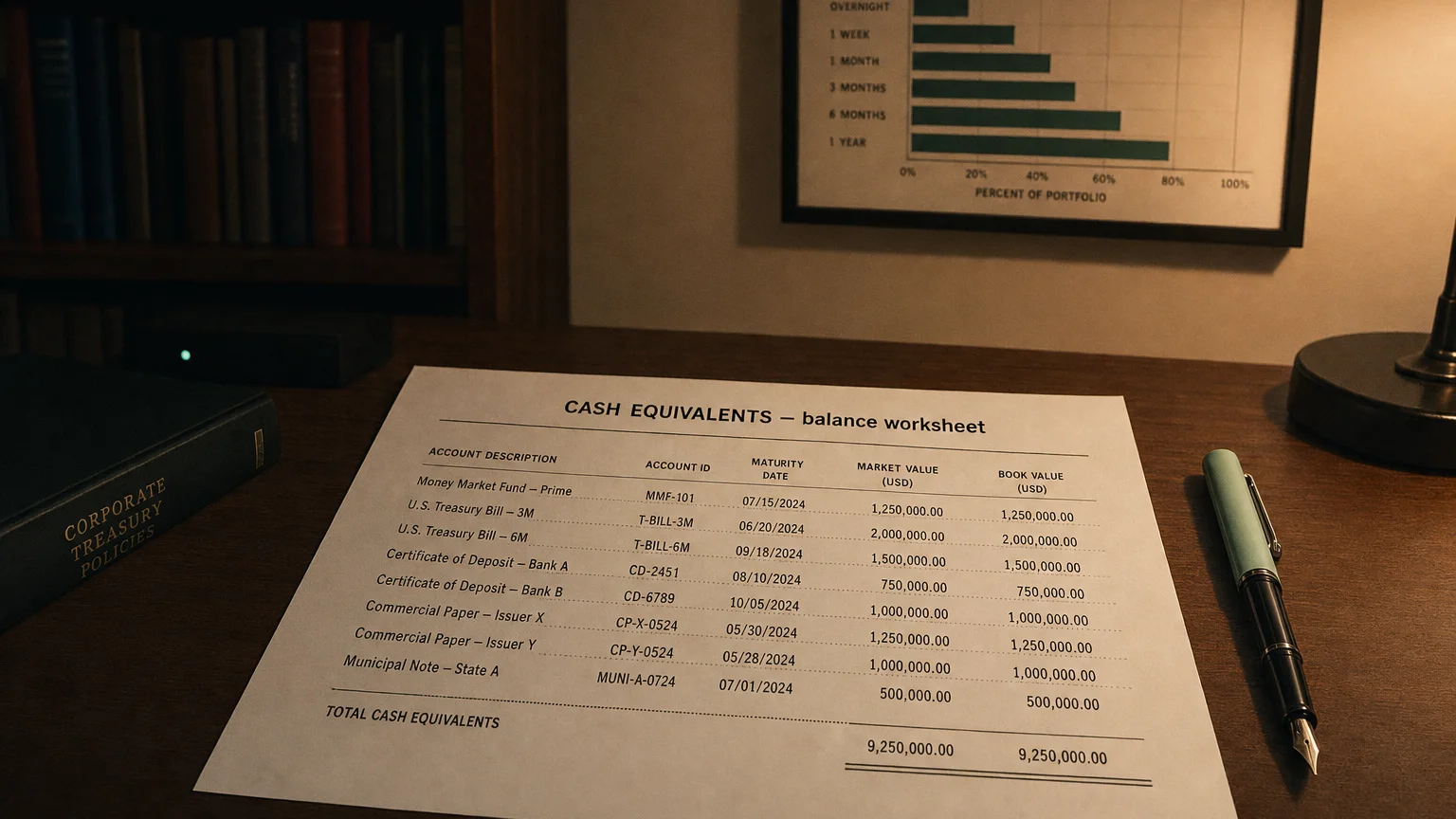 Accounting worksheet showing cash equivalents line items with neat column totals and a fountain pen.