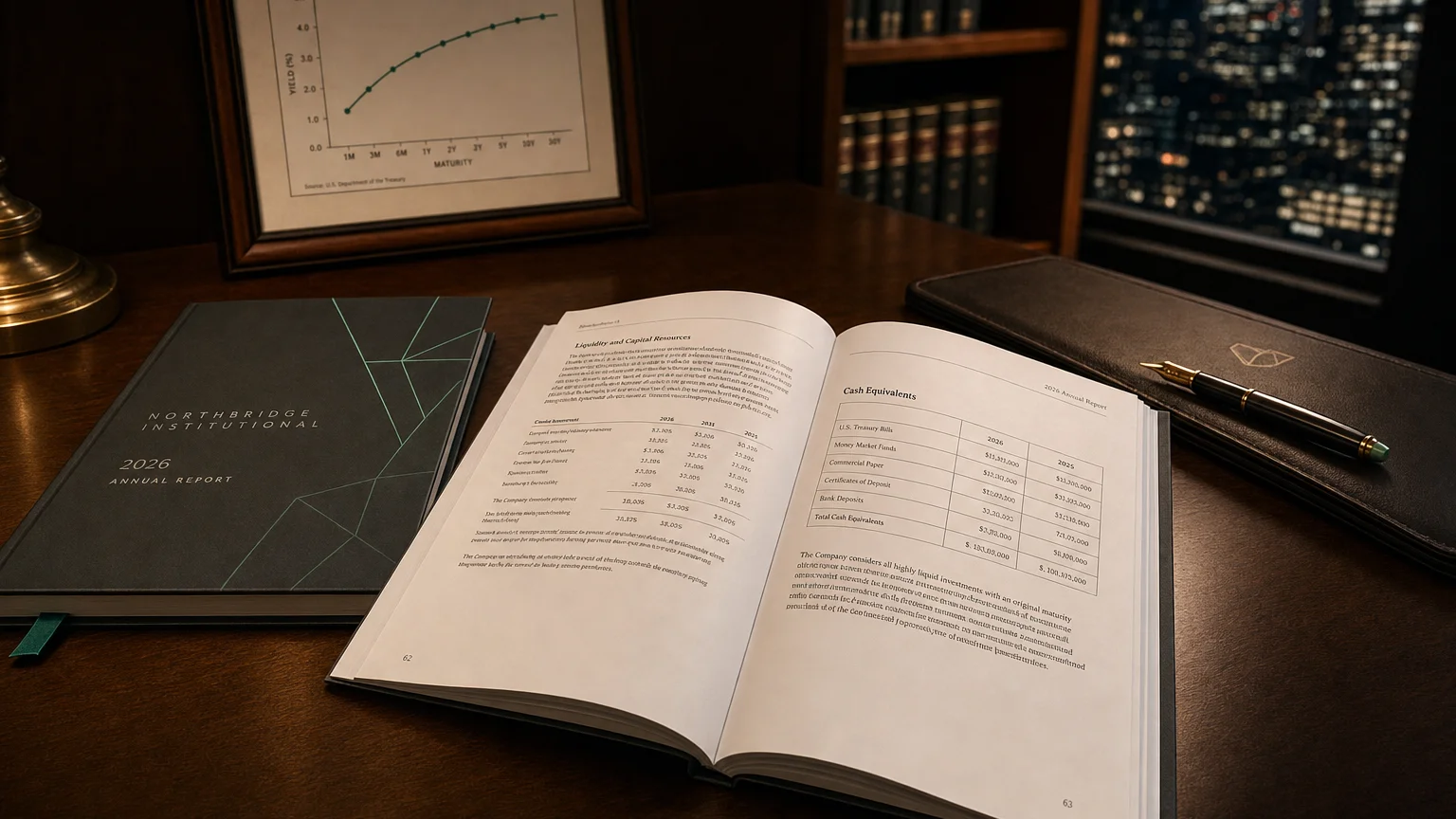 Corporate ledger or annual-report booklet open to the cash equivalents chapter on a wooden desk.