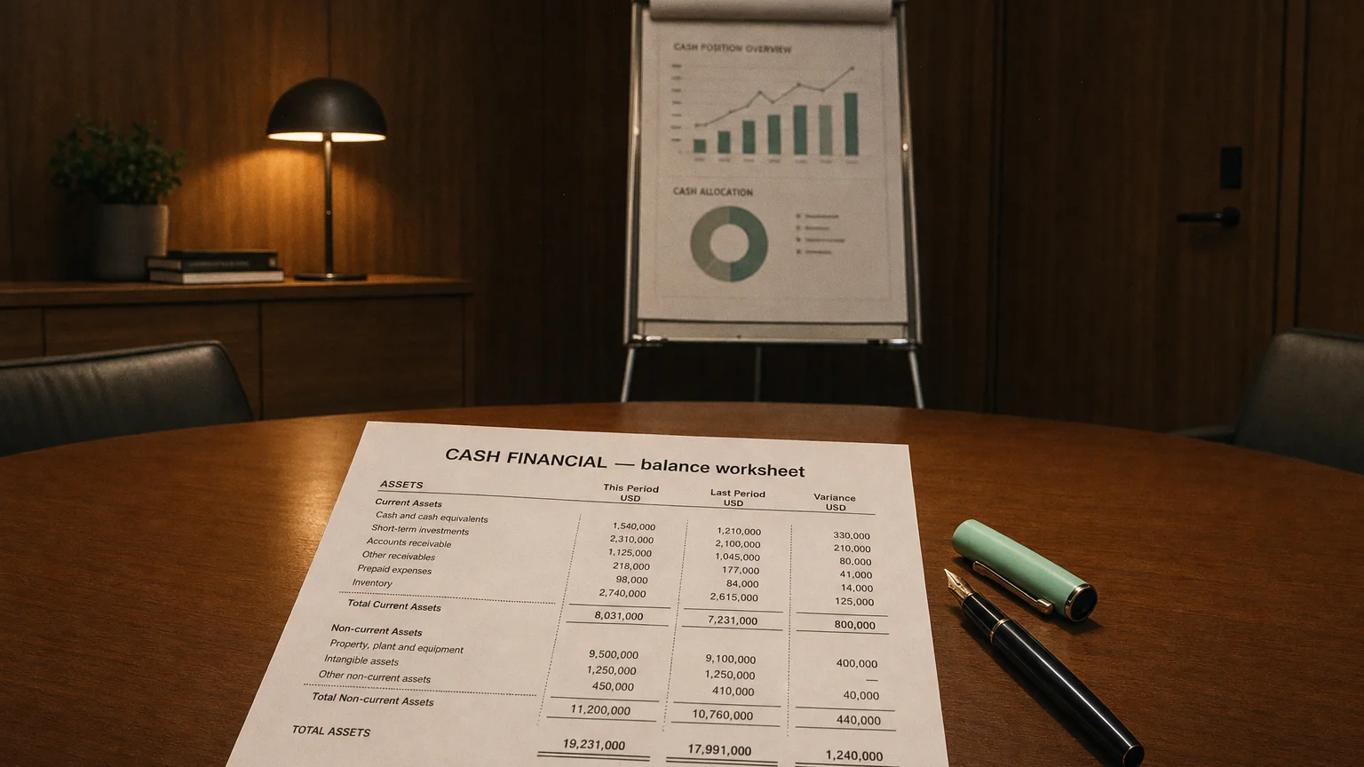 Accounting worksheet showing cash financial line items with neat column totals and a fountain pen.