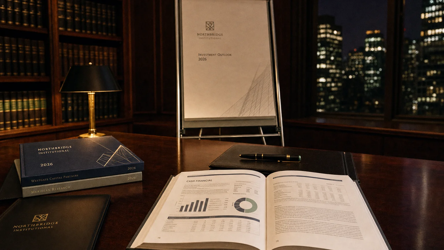 Corporate ledger or annual-report booklet open to the cash financial chapter on a wooden desk.