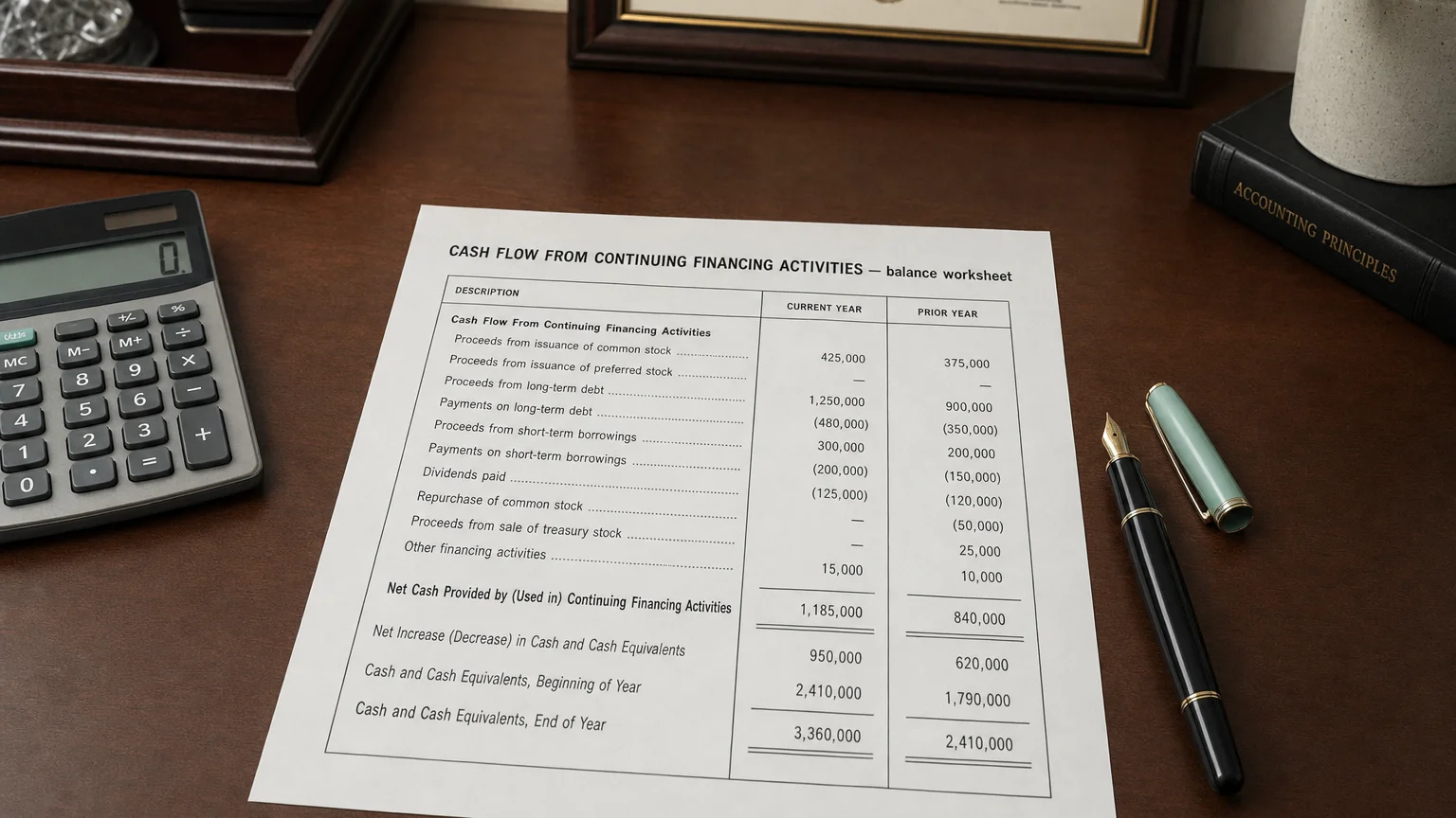 Accounting worksheet showing cash flow from continuing financing activities line items with neat column totals and a fountain pen.