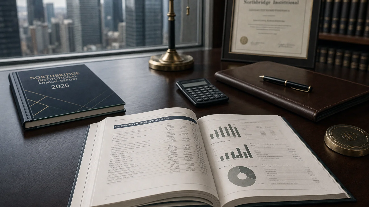Corporate ledger or annual-report booklet open to the cash flow from continuing financing activities chapter on a wooden desk.