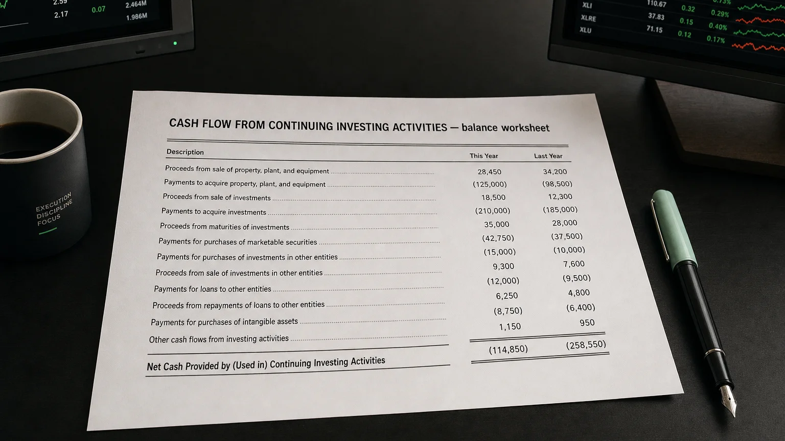 Accounting worksheet showing cash flow from continuing investing activities line items with neat column totals and a fountain pen.