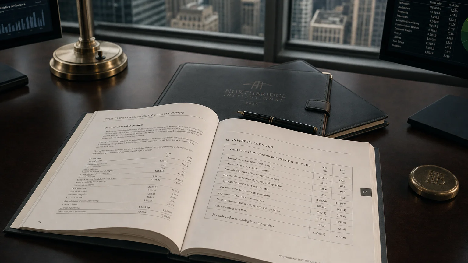 Corporate ledger or annual-report booklet open to the cash flow from continuing investing activities chapter on a wooden desk.