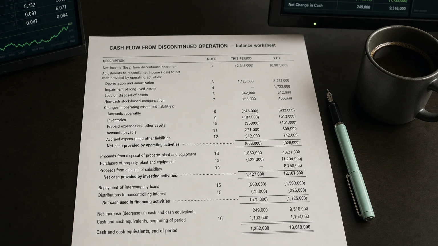 Accounting worksheet showing cash flow from discontinued operation line items with neat column totals and a fountain pen.