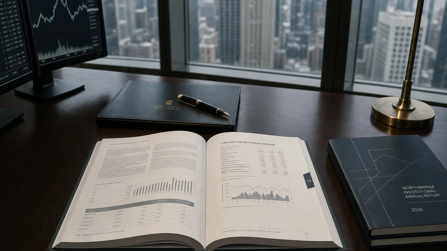 Corporate ledger or annual-report booklet open to the cash flow from discontinued operation chapter on a wooden desk.