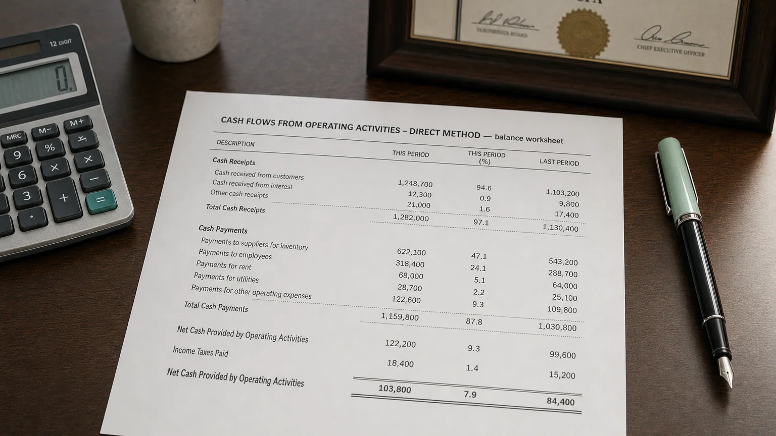 Accounting worksheet showing cash flows from (used in) operating activities – direct line items with neat column totals and a fountain pen.