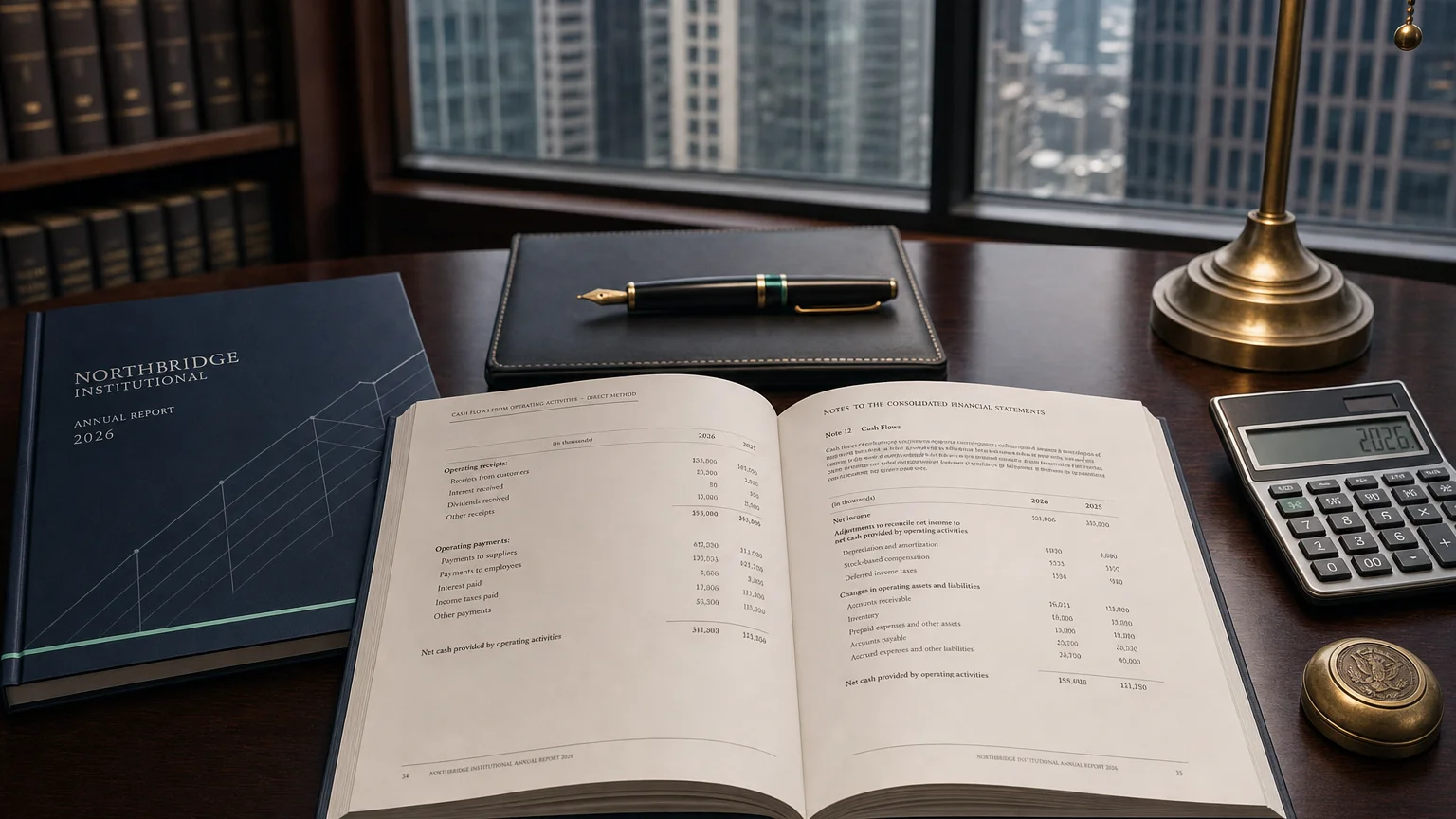 Corporate ledger or annual-report booklet open to the cash flows from (used in) operating activities – direct chapter on a wooden desk.