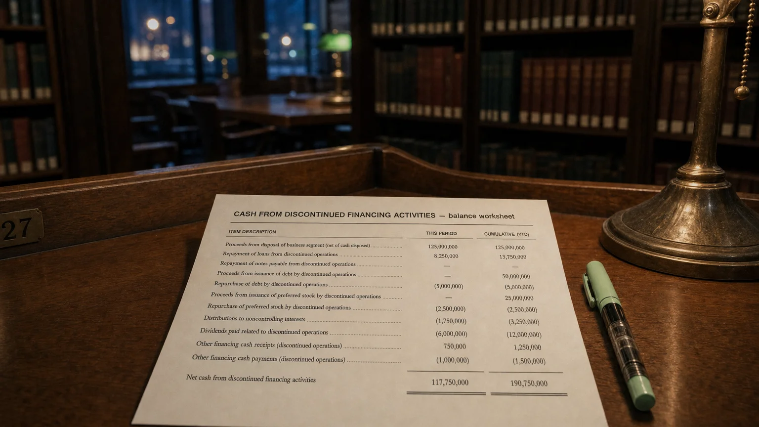 Accounting worksheet showing cash from discontinued financing activities line items with neat column totals and a fountain pen.
