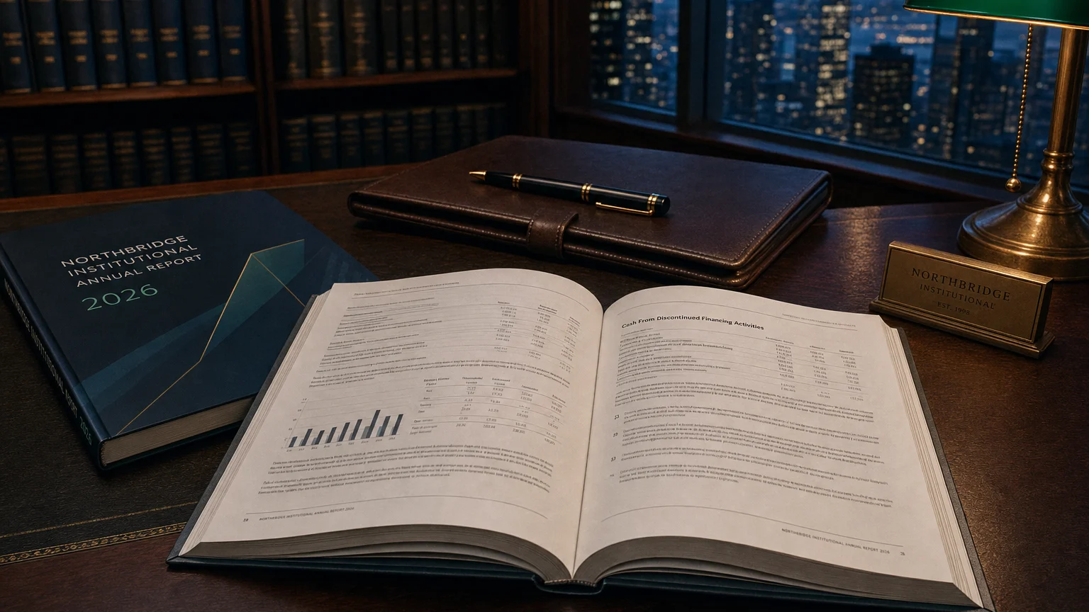 Corporate ledger or annual-report booklet open to the cash from discontinued financing activities chapter on a wooden desk.